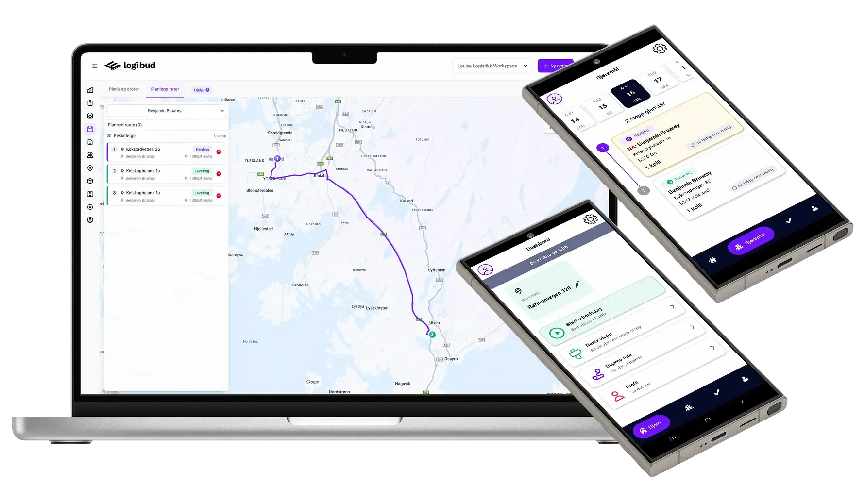 Logibud vist i web-appen og sjåførappen på mobil